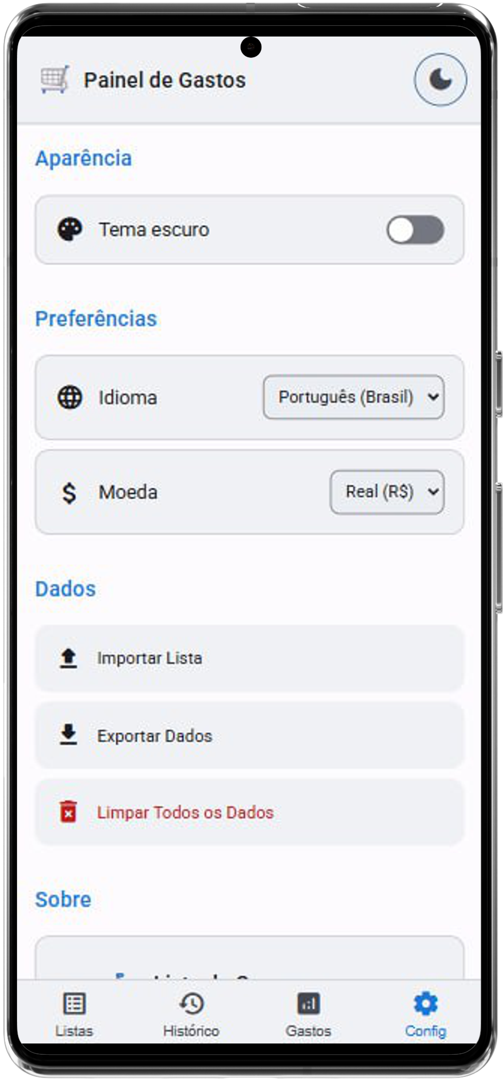 Tela de configurações do app Lista de Compras - tema claro
