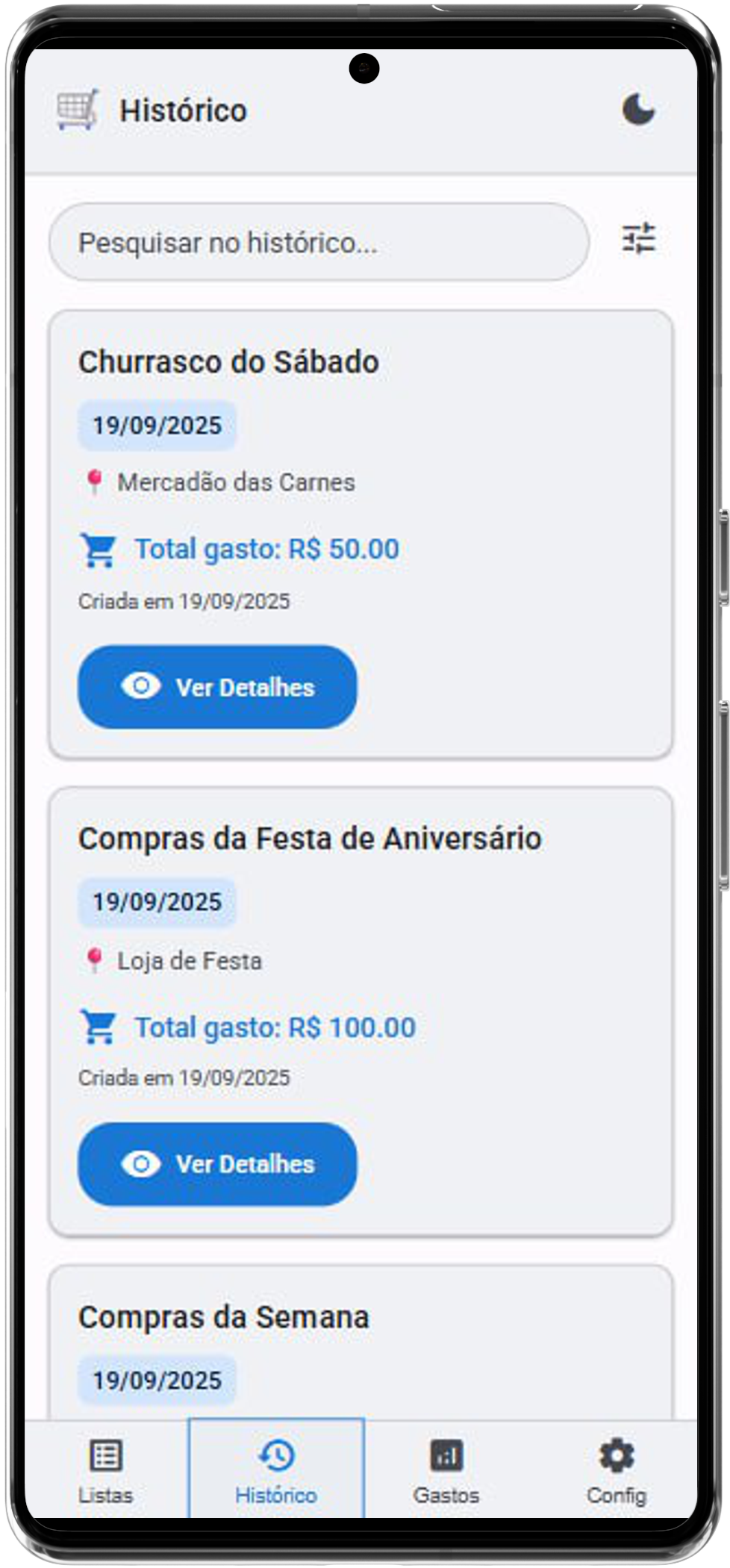 Tela de histórico de listas finalizadas no app Lista de Compras