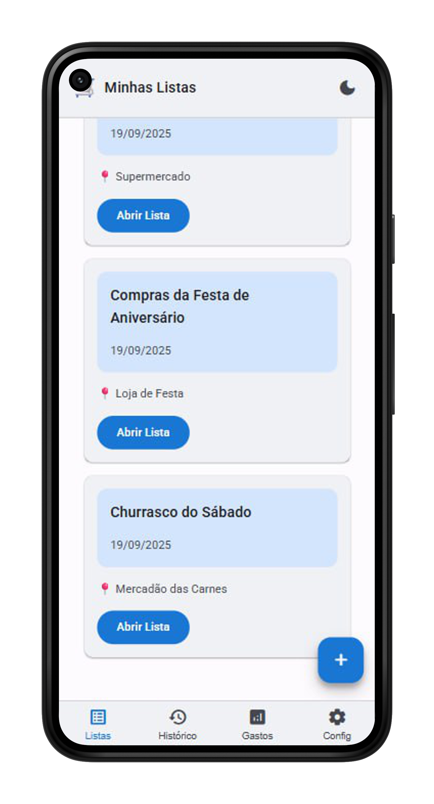 Interface principal do aplicativo Lista de Compras para gerenciamento de listas