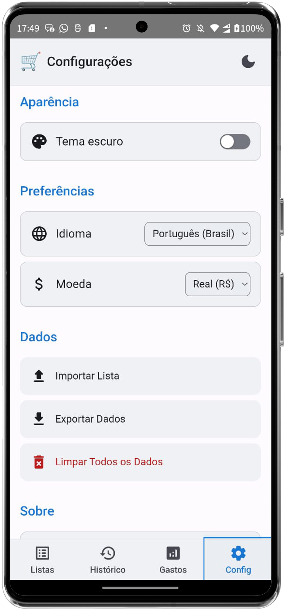 Configurações do aplicativo Lista de Compras - tema escuro