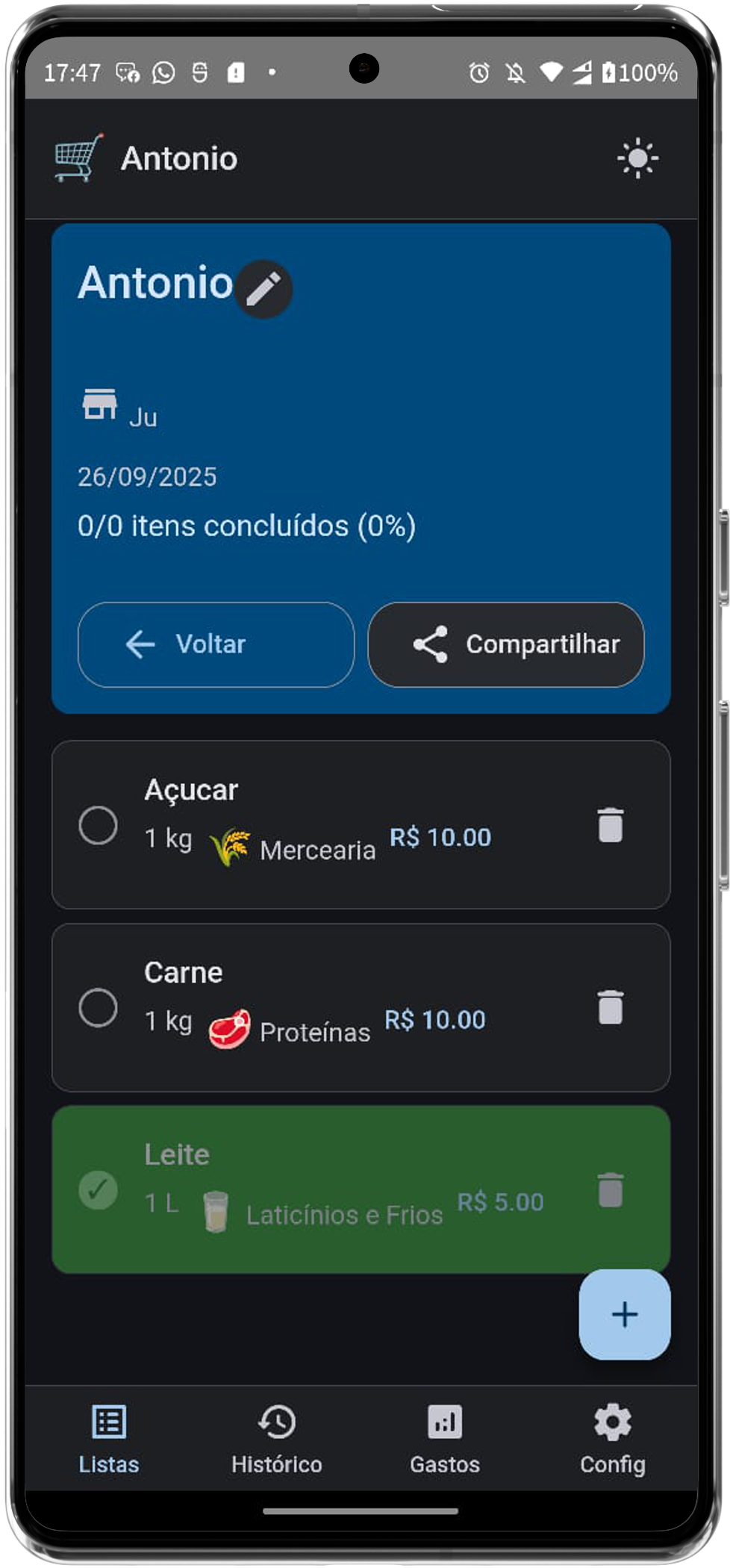 Tela de finalização de lista no app Lista de Compras - tema escuro