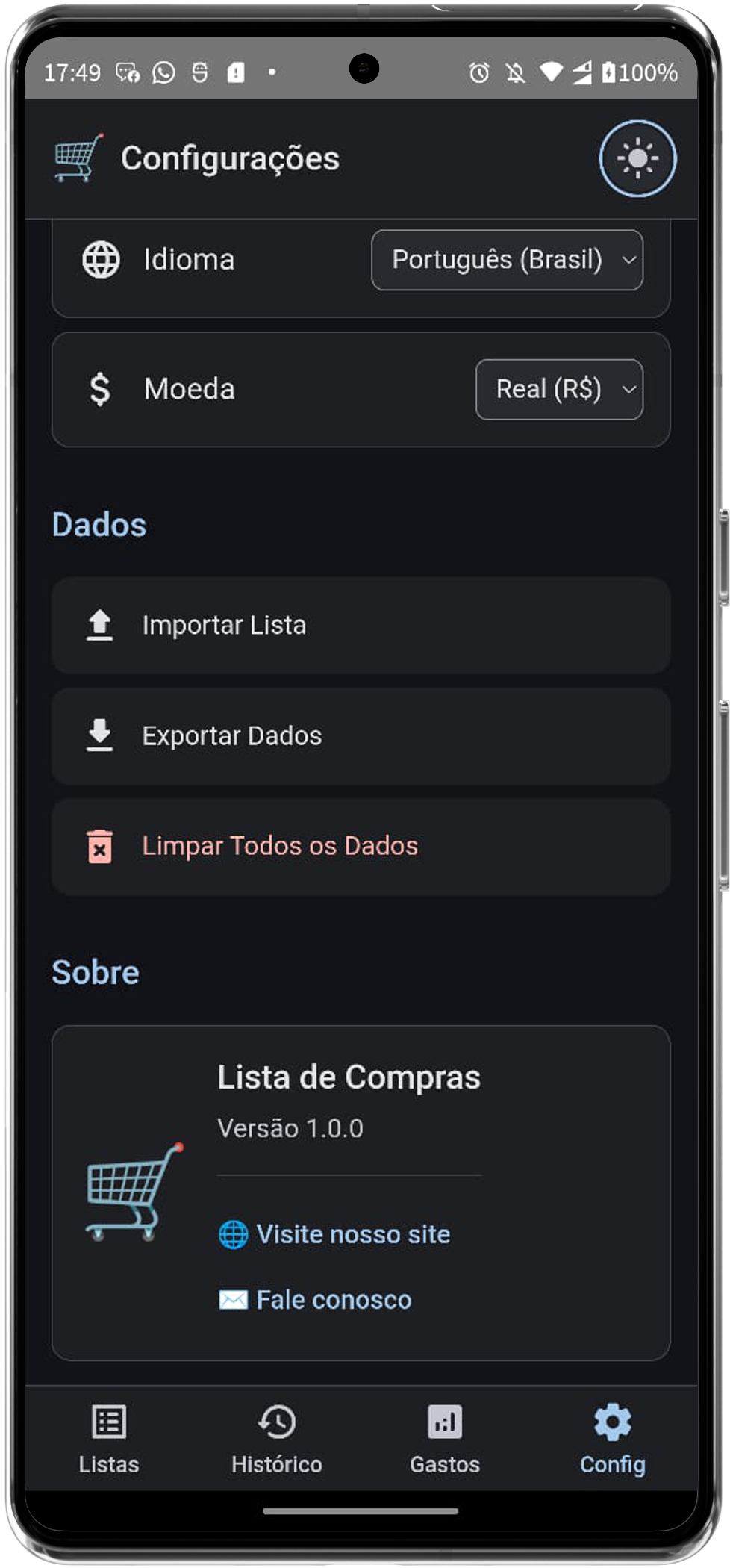 Histórico de compras no aplicativo Lista de Compras - tema escuro