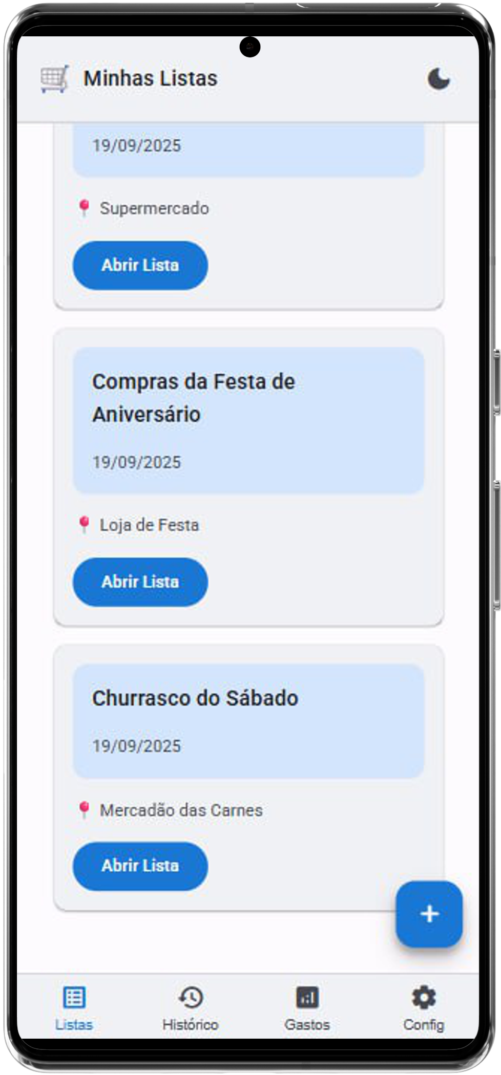 Interface de minhas listas no aplicativo Lista de Compras
