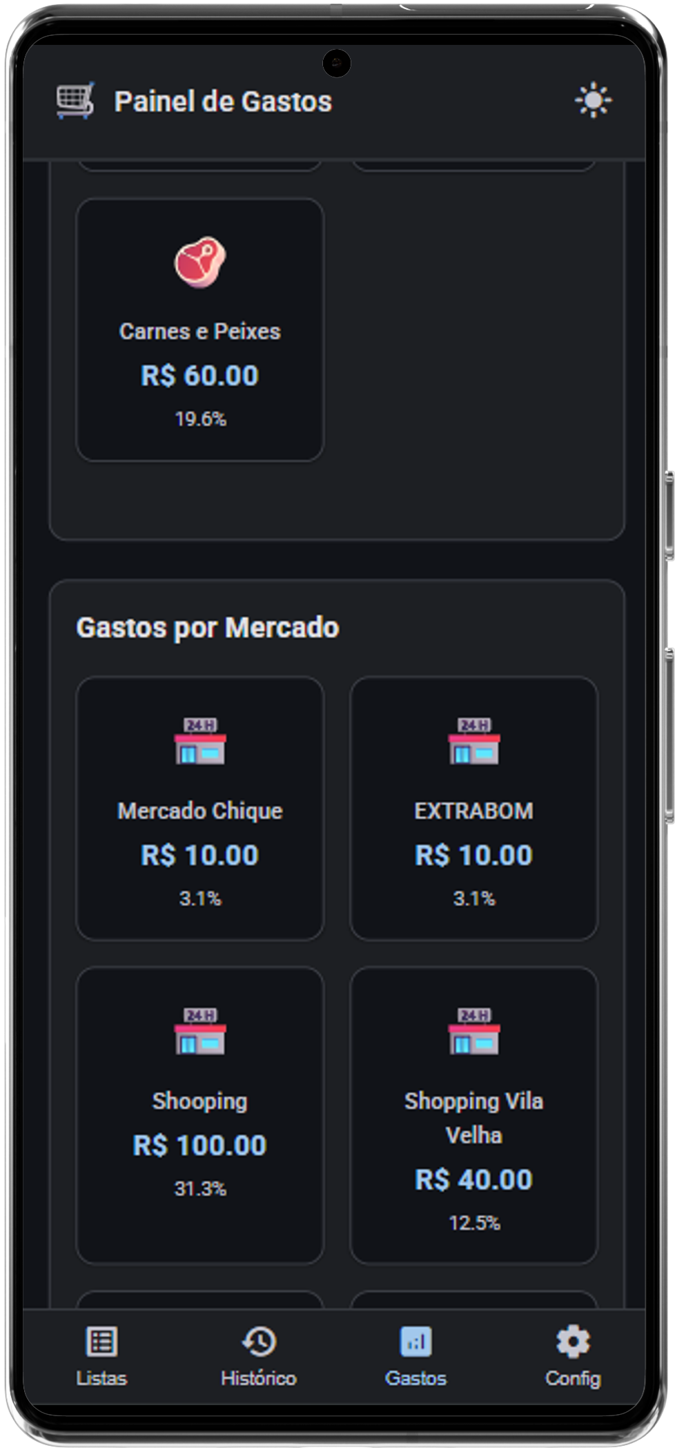 Painel principal do app Lista de Compras - tema escuro